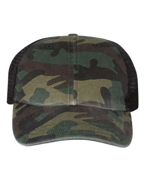 Richardson 111P — Garment Washed Printed Trucker Cap — Green Camo/ Black