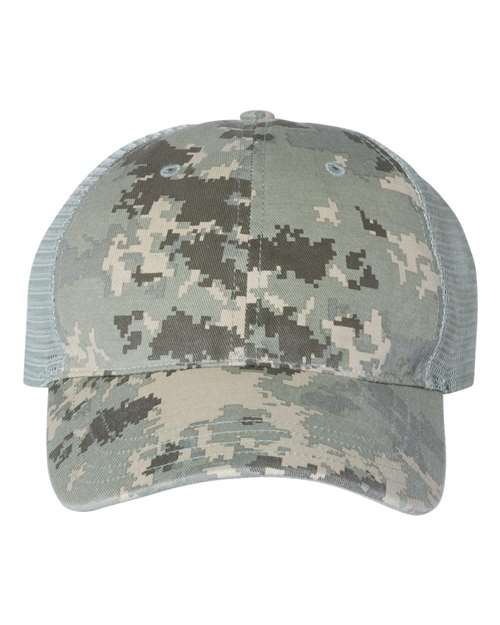 Richardson 111P — Garment Washed Printed Trucker Cap — Military Digital Camo/ Light Green