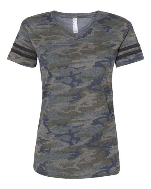 LAT 3537 — Women's Football V-Neck Fine Jersey Tee — Vintage Camo/ Vintage Smoke