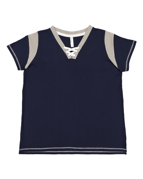 LAT 3833 — Women's Curvy Lace Up Fine Jersey Tee — Navy/ Titanium/ White