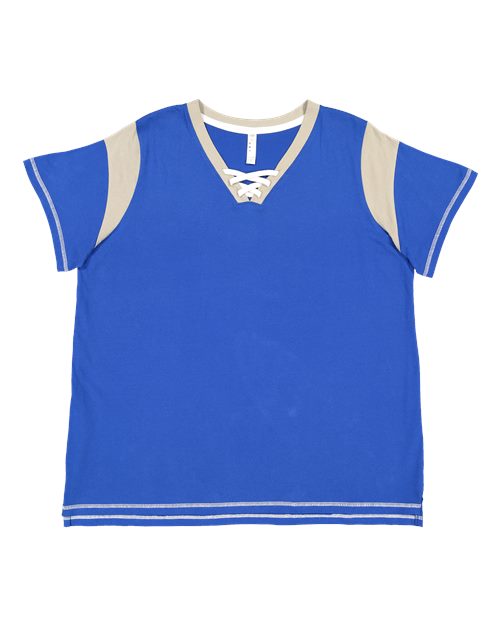 LAT 3833 — Women's Curvy Lace Up Fine Jersey Tee — Royal/ Titanium/ White