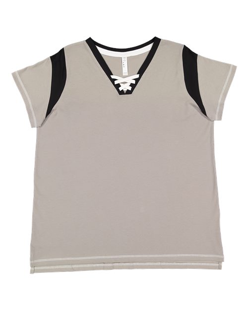 LAT 3833 — Women's Curvy Lace Up Fine Jersey Tee — Titanium/ Black/ White