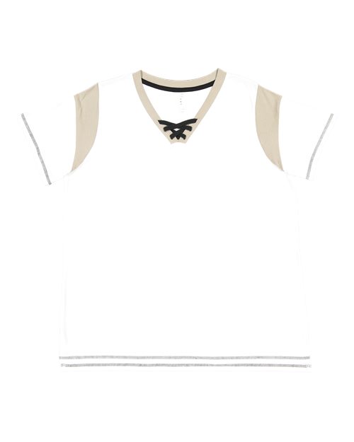 LAT 3833 — Women's Curvy Lace Up Fine Jersey Tee — White/ Titanium/ Black