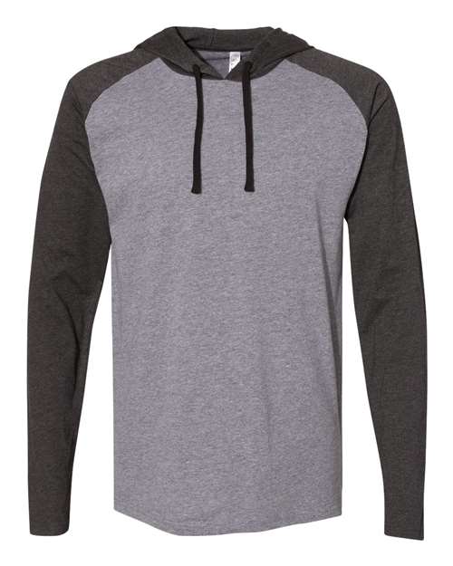 LAT 6917 — Unisex Fine Jersey Hooded Long Sleeve Raglan T-Shirt — Granite Heather/ Vintage Smoke/ Black