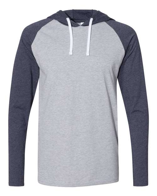LAT 6917 — Unisex Fine Jersey Hooded Long Sleeve Raglan Tee — Vintage Heather/ Vintage Navy/ White