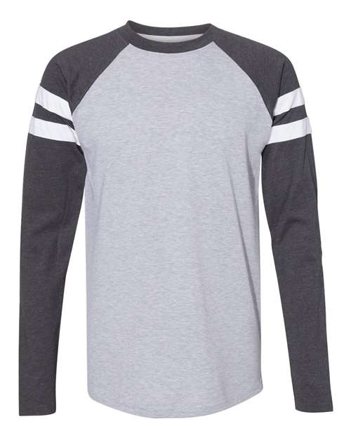 LAT 6934 — Unisex Fine Jersey Mash Up Long Sleeve Tee — Vintage Heather/ Vintage Navy