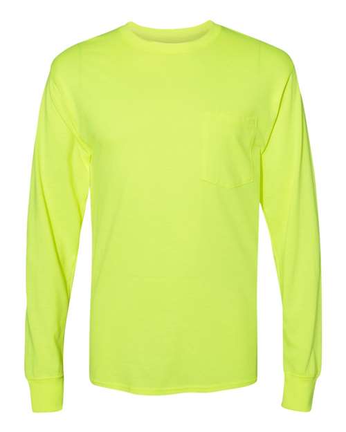 Hanes W120 — Unisex Workwear Long Sleeve Pocket T-Shirt — Safety Green