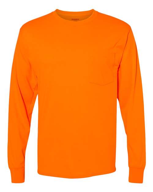 Hanes W120 — Unisex Workwear Long Sleeve Pocket T-Shirt — Safety Orange