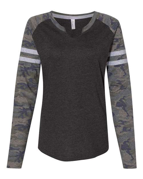 LAT 3534 — Women's Fine Jersey Mash Up Long Sleeve T-Shirt — Vintage Smoke/ Vintage Camo