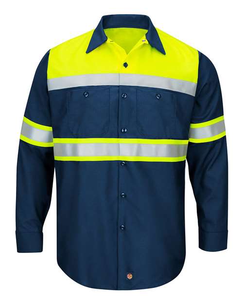 Red Kap SY70 — Men's Hi-Visibility Colorblock Ripstop Long Sleeve Work Shirt — Fluorescent Yellow/ Navy
