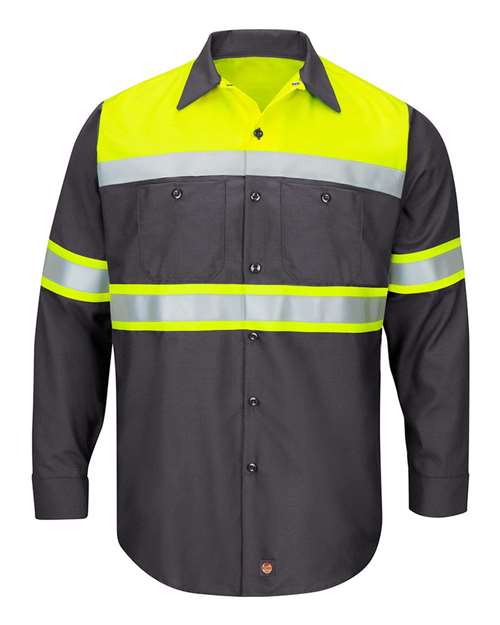 Red Kap SY70T — Men's Tall Hi-Visibility Colorblock Ripstop Long Sleeve Work Shirt — Fluorescent Yellow/ Charcoal
