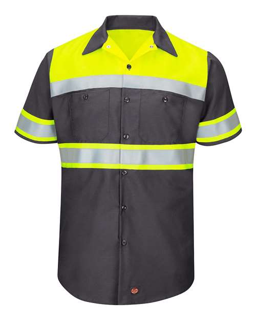 Red Kap SY80 — Men's Hi-Visibility Colorblock Ripstop Short Sleeve Work Shirt — Fluorescent Yellow/ Charcoal