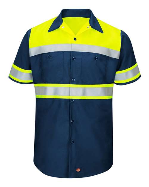 Red Kap SY80 — Men's Hi-Visibility Colorblock Ripstop Short Sleeve Work Shirt — Fluorescent Yellow/ Navy