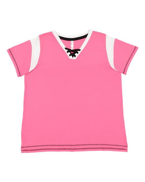 LAT 3833 — Women's Curvy Lace Up Fine Jersey Tee — Hot Pink/ White/ Black