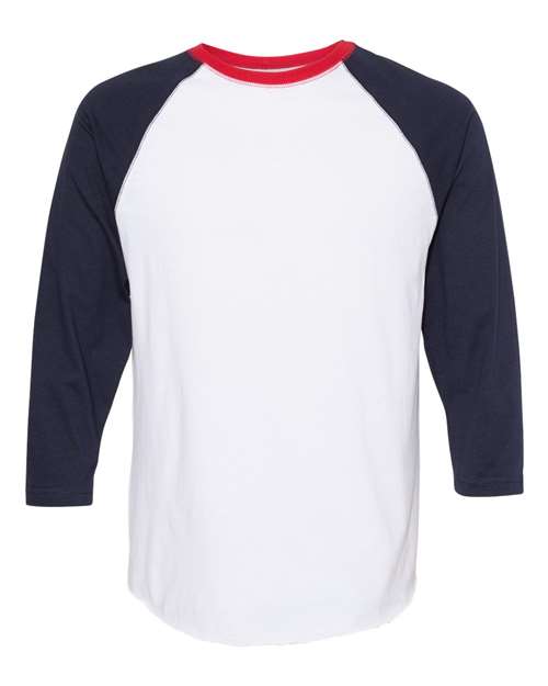 LAT 6930 — Men's Baseball Fine Jersey Three-Quarter Sleeve Tee — White/ Navy/ Red