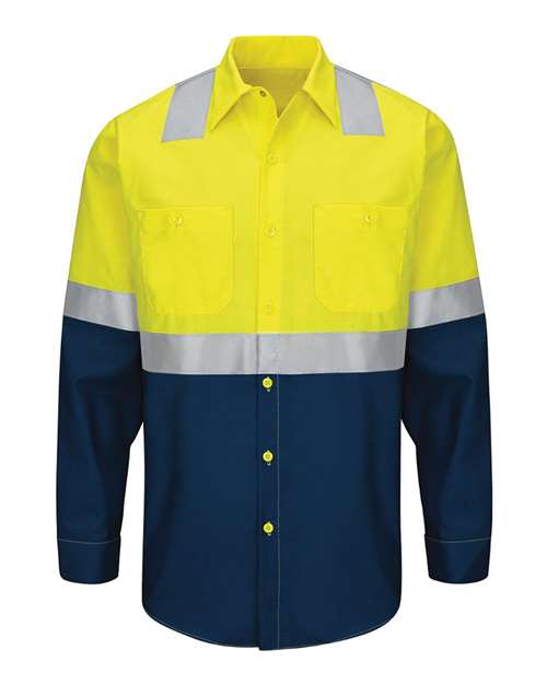 Red Kap SY14T — Men's Tall Enhanced & Hi-Visibility Long Sleeve Work Shirt — Fluorescent Yellow/ Green/ Navy