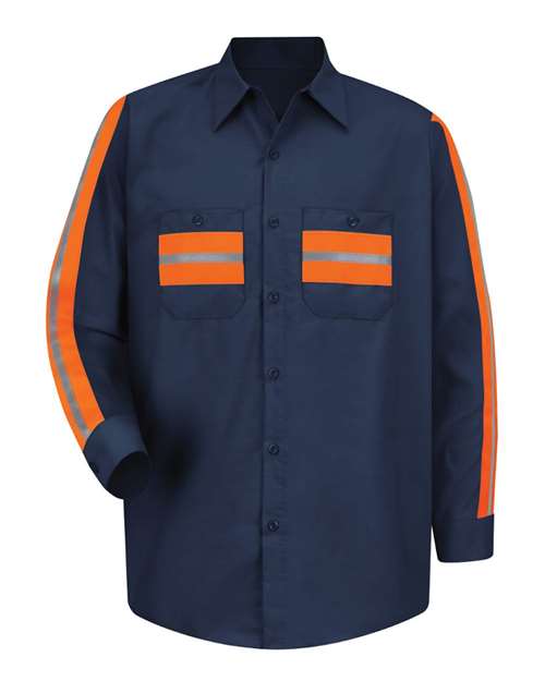 Red Kap SP14E — Men's Industrial Enhanced-Visibility Long Sleeve Work Shirt — Navy/ Orange Trim
