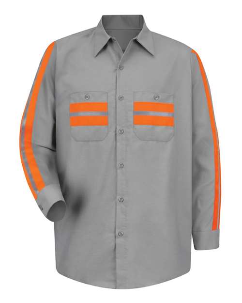 Red Kap SP14E — Men's Industrial Enhanced-Visibility Long Sleeve Work Shirt — Light Grey/ Orange Trim