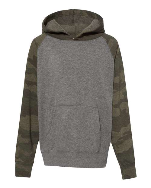 Independent Trading Co. PRM15YSB — Youth Lightweight Special Blend Raglan Hooded Sweatshirt — Nickel Heather/ Forest Camo