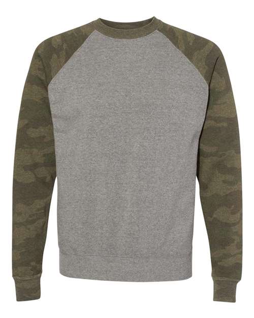 Independent Trading Co. PRM30SBC — Unisex Special Blend Raglan Crewneck Sweatshirt — Nickel Heather/ Forest Camo