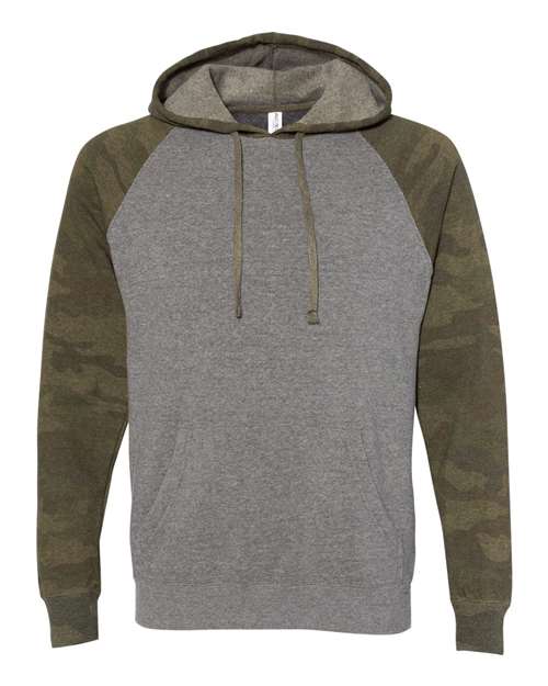 Independent Trading Co. PRM33SBP — Unisex Special Blend Raglan Hooded Sweatshirt — Nickel Heather/ Forest Camo