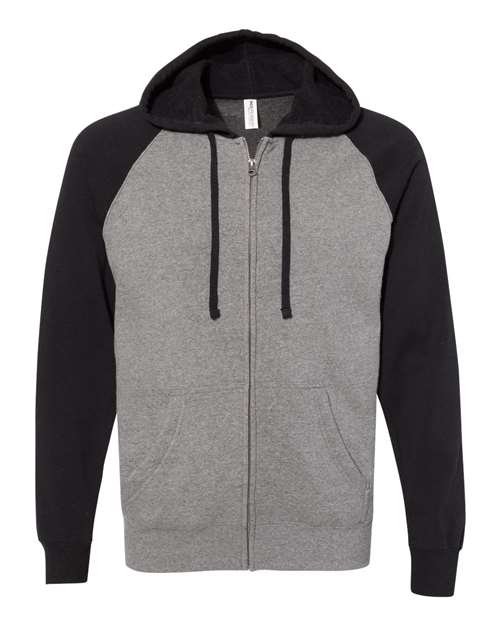 Independent Trading Co. PRM33SBZ — Unisex Special Blend Raglan Full-Zip Hooded Sweatshirt — Nickel Heather/ Black