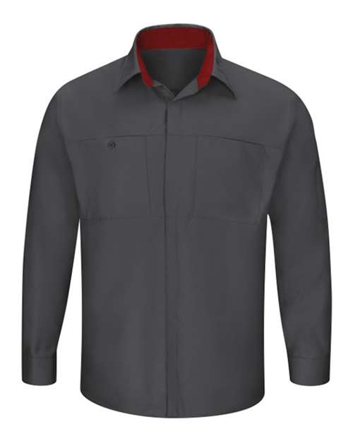 Red Kap SY32 — Men's Performance Plus Long Sleeve Shirt with OilBlok Technology — Charcoal/ Fireball Red
