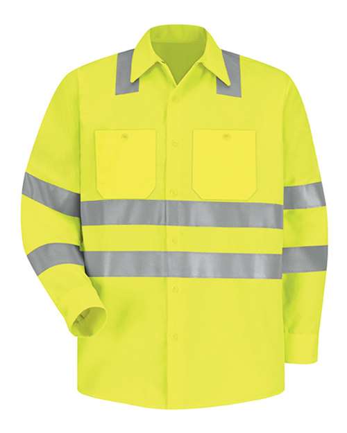 Red Kap SS14HV — Men's High Visibility Safety Long Sleeve Work Shirt — AB-Fluorescent Yellow/ Green