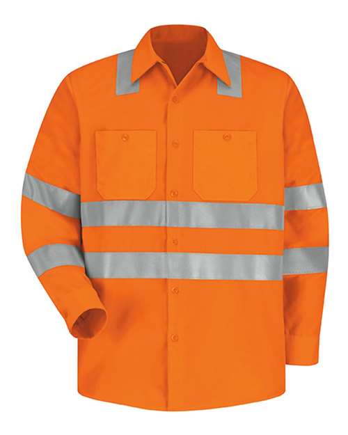Red Kap SS14HV — Men's High Visibility Safety Long Sleeve Work Shirt — OF-Fluorescent Orange