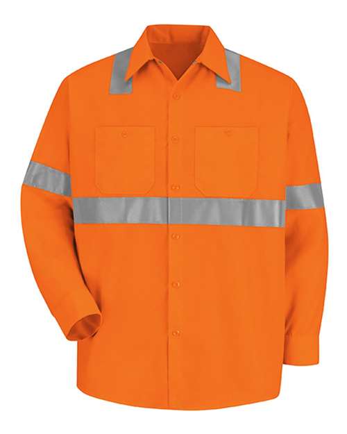 Red Kap SS14HV — Men's High Visibility Safety Long Sleeve Work Shirt — O2-Fluorescent Orange