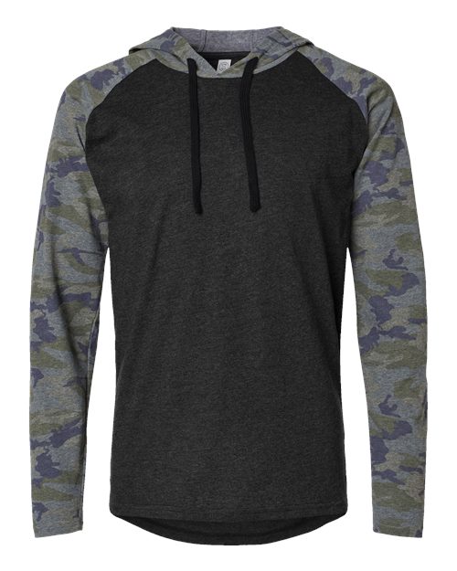 LAT 6917 — Unisex Fine Jersey Hooded Long Sleeve Raglan T-Shirt — Vintage Smoke/ Vintage Camo/ Black
