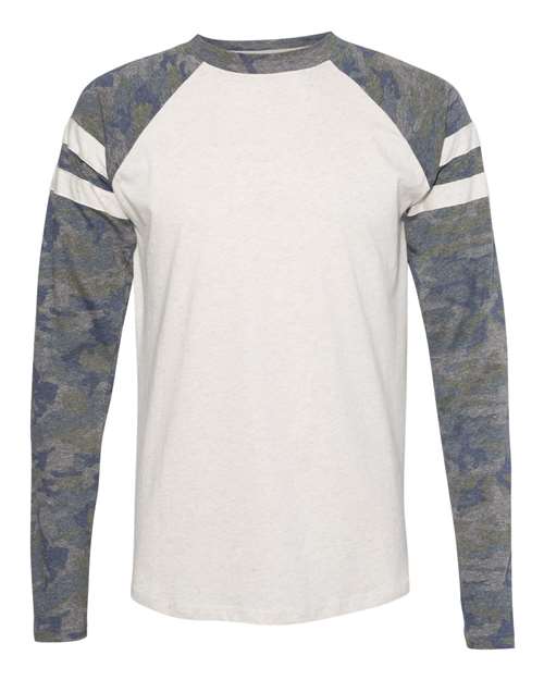 LAT 6934 — Unisex Fine Jersey Mash Up Long Sleeve Tee — Natural Heather/ Vintage Camo/ Natural Heather