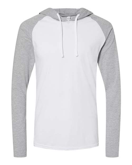 LAT 6917 — Unisex Fine Jersey Hooded Long Sleeve Raglan T-Shirt — Blended White/ Vintage Heather/ White