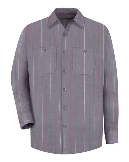 Red Kap SP14 — Men's Industrial Long Sleeve Work Shirt — Charcoal/ Red/ White Stripe