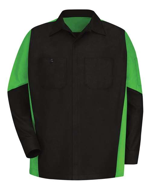 Red Kap SY10T — Men's Tall Long Sleeve Automotive Crew Shirt — Black/ Lime
