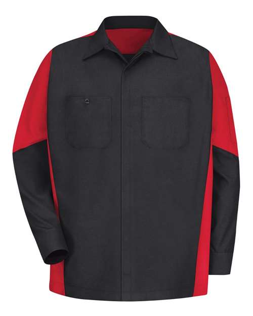 Red Kap SY10T — Men's Tall Long Sleeve Automotive Crew Shirt — Black/ Red (LONG SIZES)