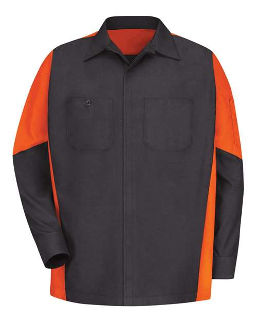 Red Kap SY10T — Men's Tall Long Sleeve Automotive Crew Shirt — Charcoal/ Orange