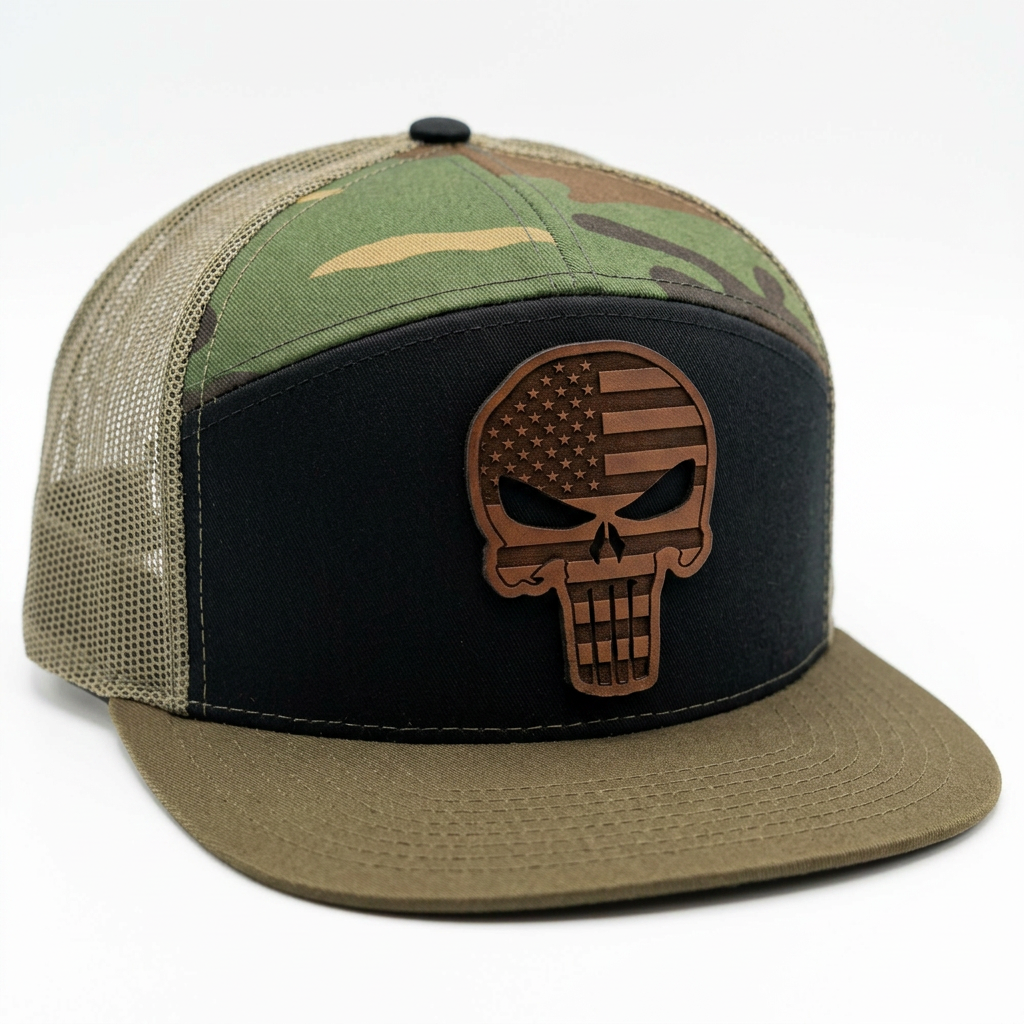 Richardson 168 7-Panel Trucker — American Flag Punisher Skull Leather Patch