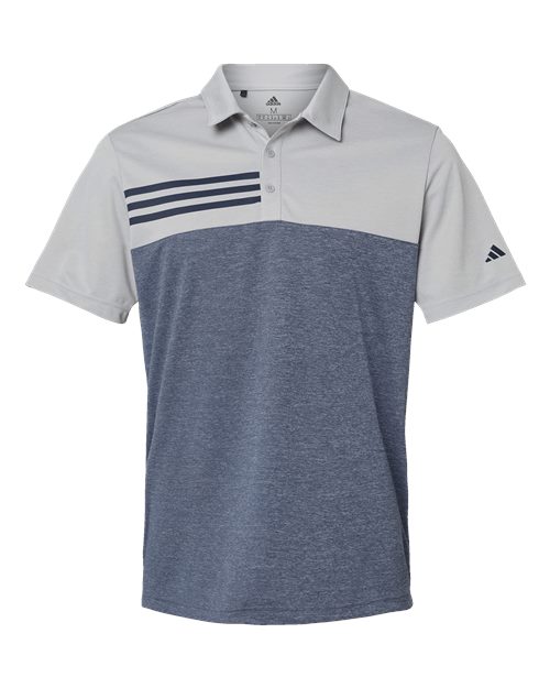 Adidas A508 — Men's Heathered Colorblocked 3-Stripes Polo — Grey Two Heather/ Collegiate Navy Heather