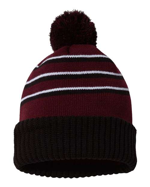 Richardson 134 — Pom Cuffed Beanie — Maroon/ Black/ White
