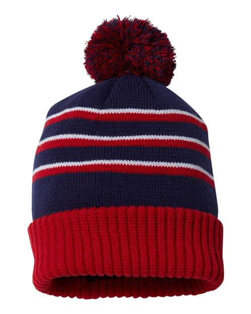 Richardson 134 — Pom Cuffed Beanie — Navy/ Red/ White