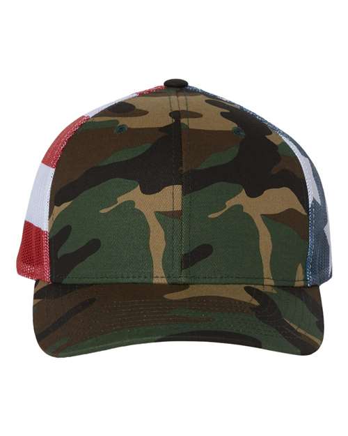 Richardson 112PM — Printed Mesh Trucker Cap — Green Camo/ Stars & Stripes