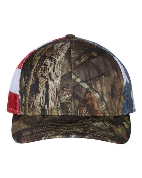 Richardson 112PM — Printed Mesh Trucker Cap — Mossy Oak Break-Up Country/ Stars & Stripes