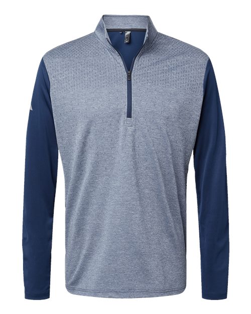 Adidas A522 — Men's Ultimate365 Heather Block Print Quarter-Zip Pullover — Collegiate Navy Melange/ Navy/ Grey Three
