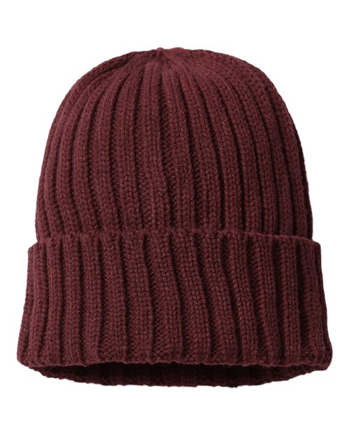Atlantis Headwear SHORE — Sustainable Cable Knit Cuffed Beanie — Burgundy